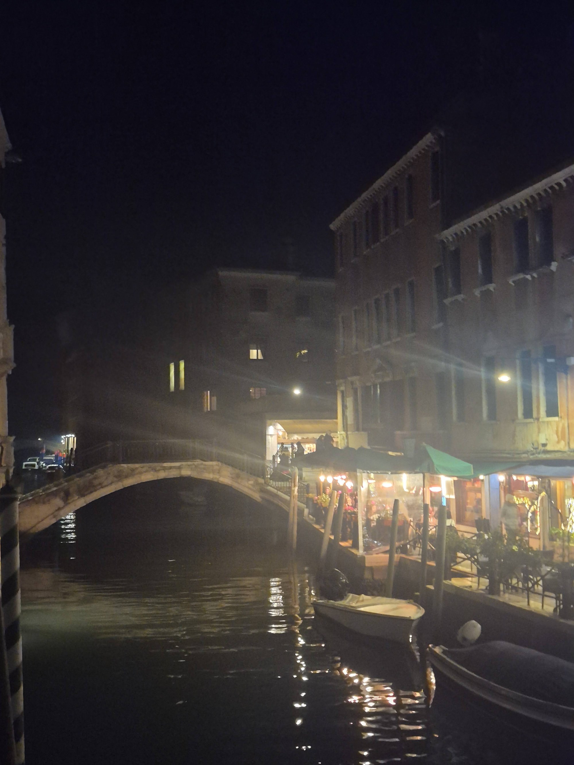 A narrow Venetian canal at night, moored gondolas under a lit bridge and the glow of a canal-side restaurant on the water