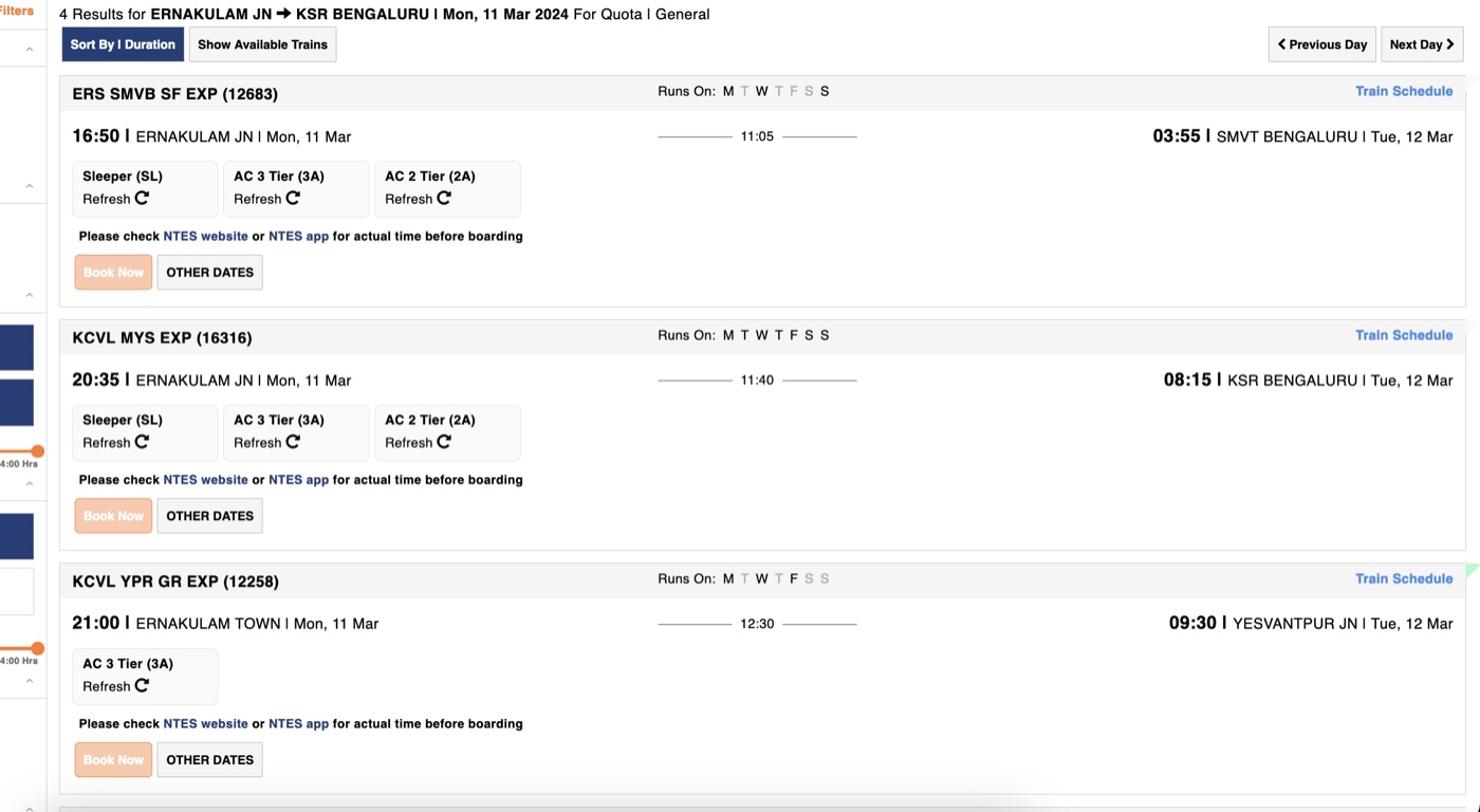 List of trains, but availability is not present